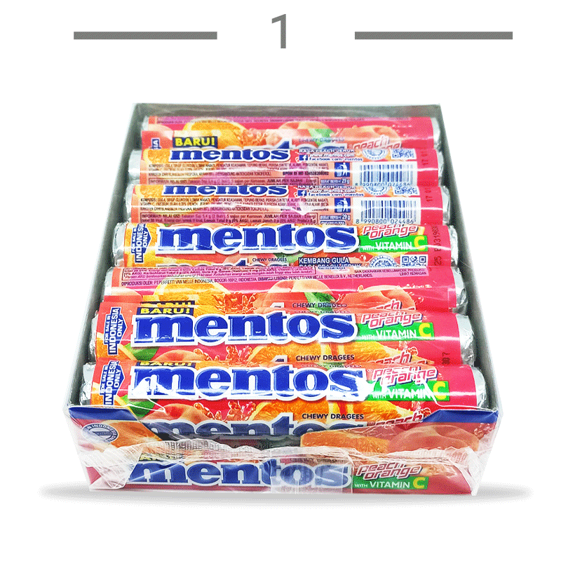  تافی میوه ای منتوس mentos هلو و پرتقال بسته 14 عددی 406 گرم 